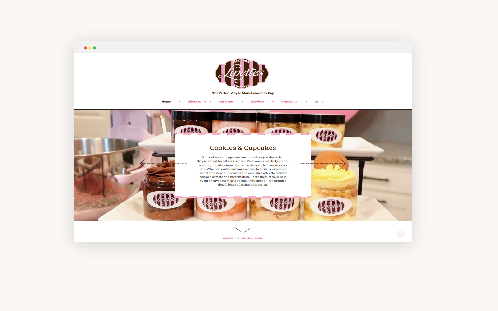 Linette’s Gourmet Cookies & Cupcakes website and dashboard mockup
