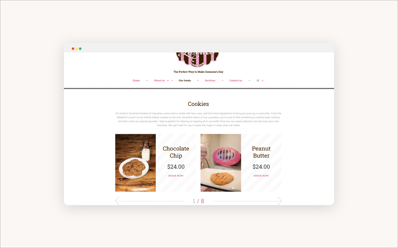 Product browsing experience for Linette’s Gourmet Cookies & Cupcakes